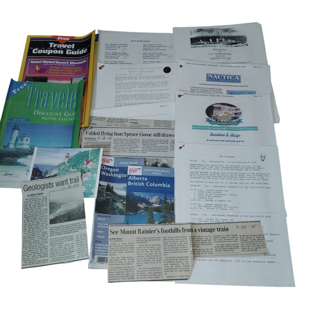 VTG 1998 OR, WA, BC Travel Ephemera & Dunlap (DD-384) Ships Reunion Papers